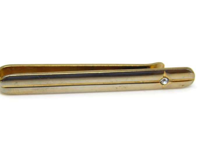 Vintage Tie Clip Bar for Men: Smooth Design Clear Jewel Crossed Groove Stripes Nice Gold Tone