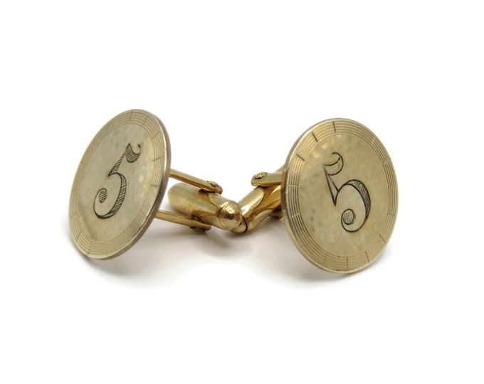 5 Number Line Etched Pattern Edge Smooth Finish Gold Tone Cufflinks