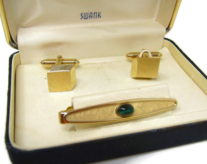 Men's Cufflink and Tie Bar Set Vintage Avant Garde Gorgeous Green Stone High Quality