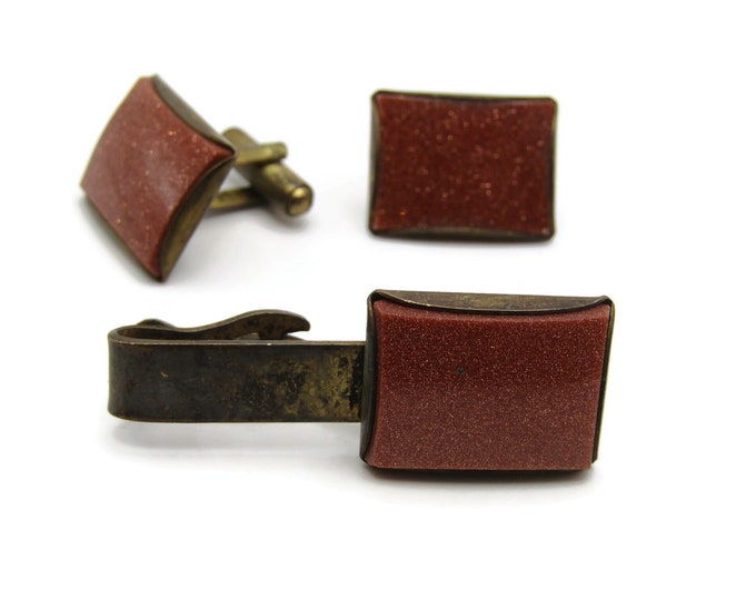 Brown Glitter Stone Inlay Vintage Men's Jewelry Set: Tie Bar Cufflinks Gold Tone