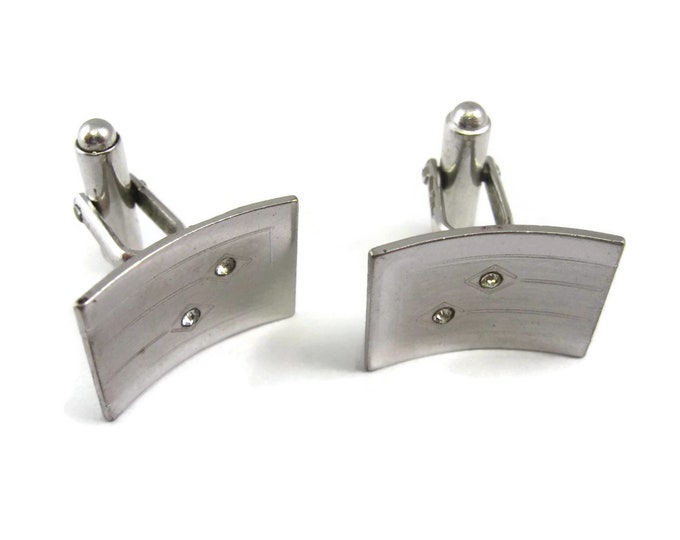 Vintage Cufflinks for Men: Curved Silver Tone Clear Double Clear Jewel