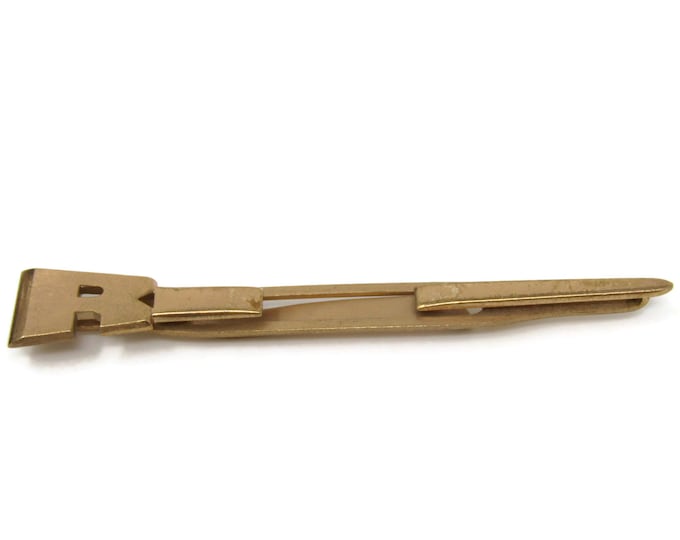 Letter R Initial Sword Style Tie Clip Bar Gold Tone Vintage Men's Jewelry Nice Design