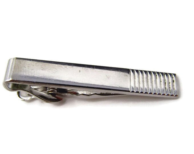 Vintage Tie Clip Tie Bar: Ridged Tip Grooved Design Silver Tone