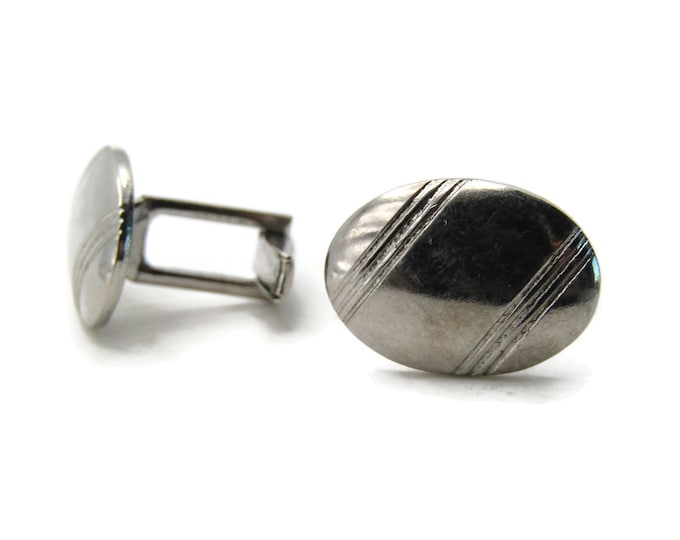 Oval Diagonal Line Design Cuff Links Men's Jewelry Silver Tone
