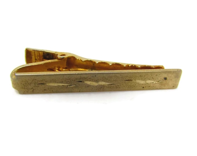 Vintage Tie Clip Tie Bar: Triple Etch Gold Tone