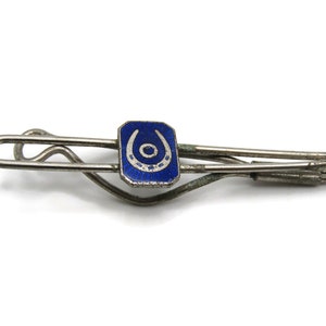 Vintage Silver Tone Tie Clip: Horseshoe Blue Stone Inlay Men&#39;s Jewelry