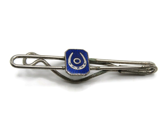 Horseshoe and Circle Blue Stone Inlay Open Body Silver Tone Tie Bar Tie Clip Men's Jewelry