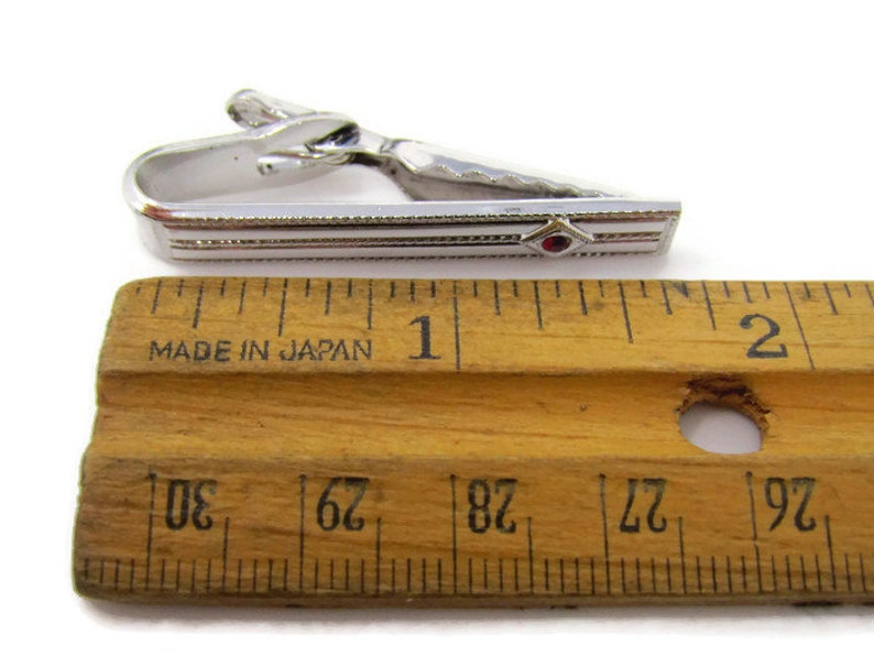 Modernist Silver Tone Red Jewel Tie Clip Vintage Tie Bar