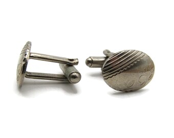 Lines And Etched Motif Oval Cuff Links Men's Jewelry Silver Tone