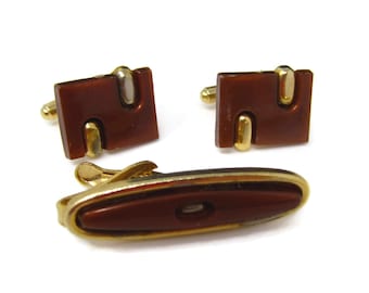 Vintage Mens Jewelry Set Tie Clip Cufflinks: Brown Modernist Gold Tone Design