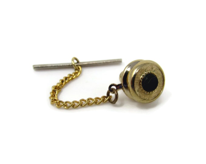 Vintage Tie Tack Tie Pin: Black Center Textured Gold Tone Circle