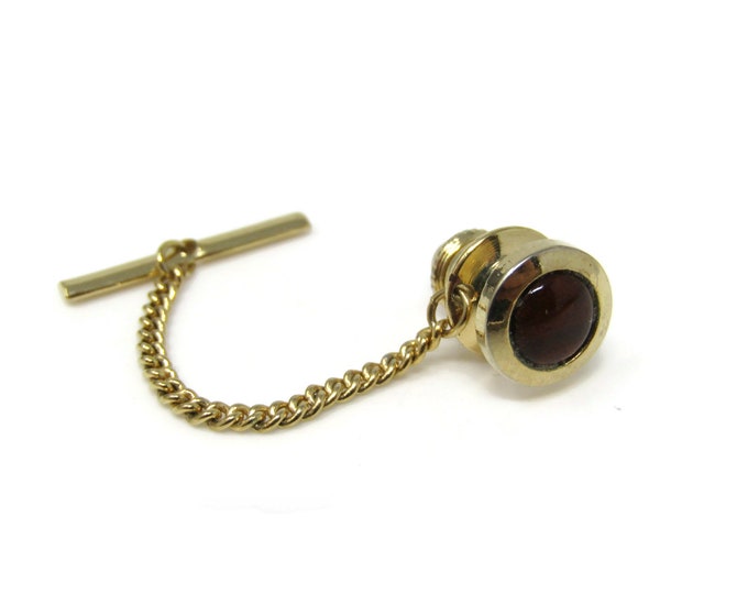 Brown Center Round Circle Tie Tack Pin Gold Tone Vintage Men's Jewelry