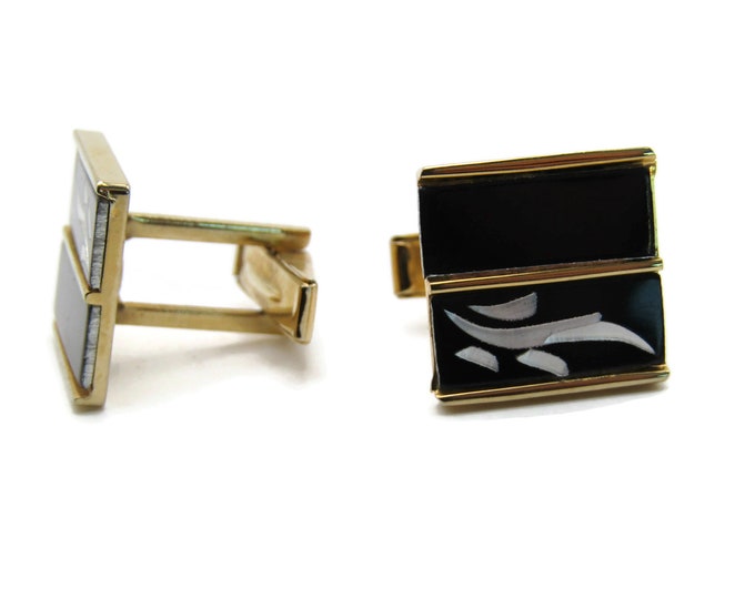 Black And Mother Of Pearl Motif Cuff Links Men's Jewelry Gold Tone