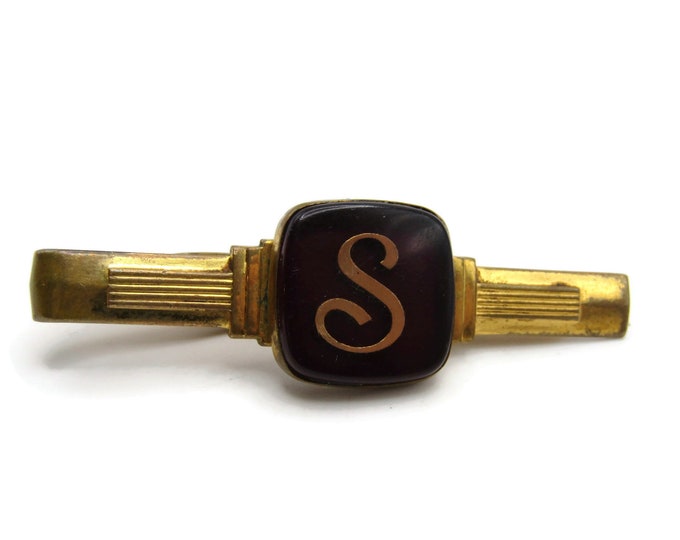 S Letter Initial Monogram Deep Red Stone Inlay Etched Gold Tone Tie Bar Tie Clip Men's Jewelry