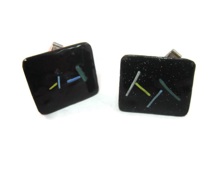 Vintage Cufflinks for Men: Black Enamel Hand Painted Art Design on Copper