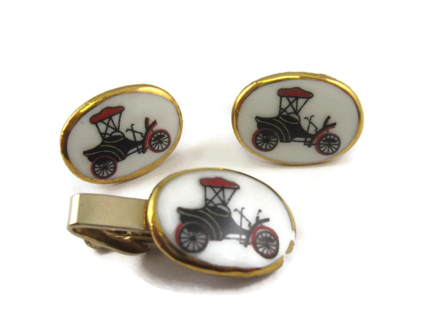 Obvious Metal Wear Nice Vintage Men/'s Jewelry Accessory Set Cufflinks Tie Bar Antique Carriage Automobile Sign