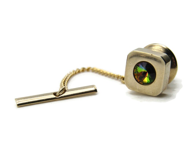 Rainbow Stone Inlay Square Tie Pin And Chain Men's Jewelry Gold Tone