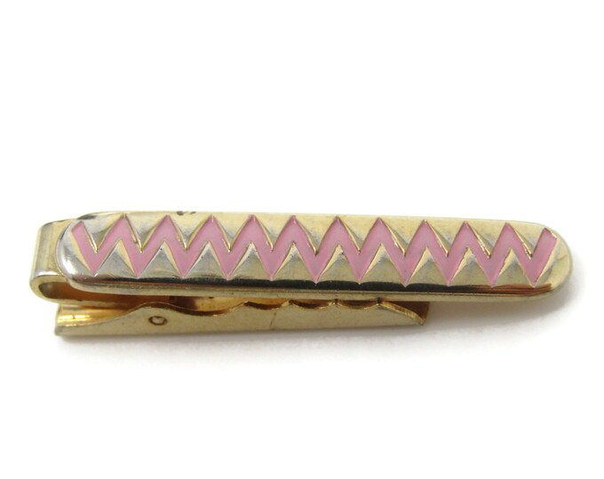 Pink Zigzag Zig Zags Wavy Lines Tie Clip Bar Gold Tone Vintage Men's Jewelry Nice Design