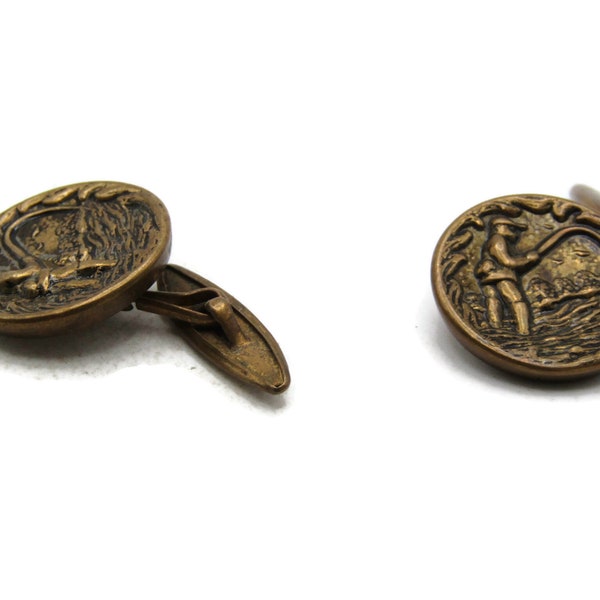 Fisherman Scene Cuff Links Gold Tone Sports Bijoux pour hommes