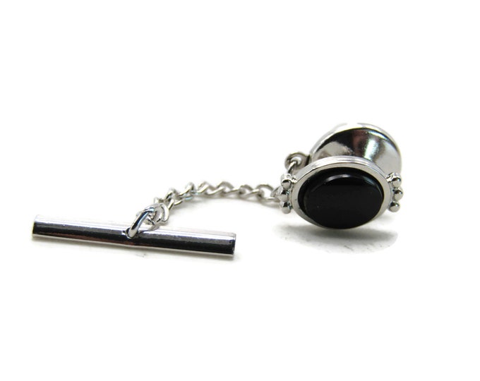 Black Oval Stone Inlay Tie Pin And Chain Men's Jewelry Silver Tone