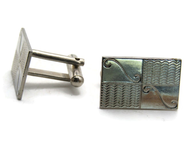 Wave Patterns And Swirl Design Rectangle Cuff Links Men's Jewlery Silver Tone