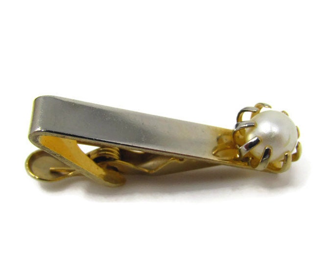 Faux Pearl Tie Clip Vintage Tie Bar: Gold Tone
