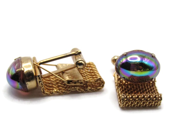 Rainbow Stone Oval Chain Cuff Links Men's Jewelry Gold Tone