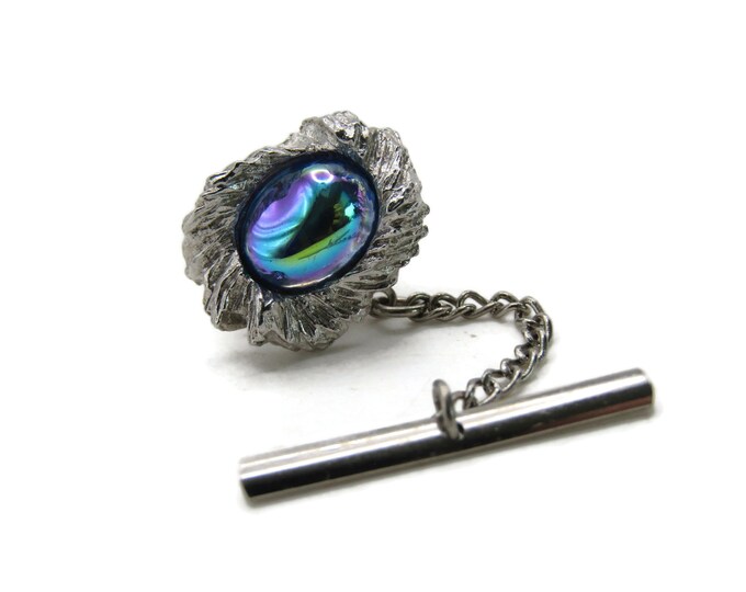 Rainbow Stone Inlay Tie Pin And Chain Men's Jewelry Silver Tone