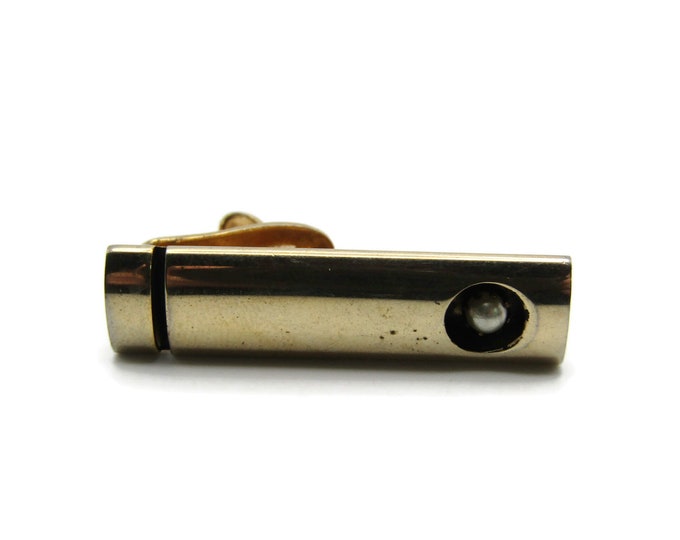 White Stone Inlay Curved Edge Smooth Finish Etched Line Gold Tone Tie Bar Tie Clip Men's Jewelry