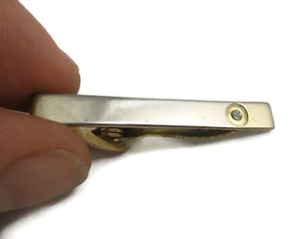 Vintage Tie Bar Clip: Clear Jewel in Gold Tone Circle Silver Tone Body