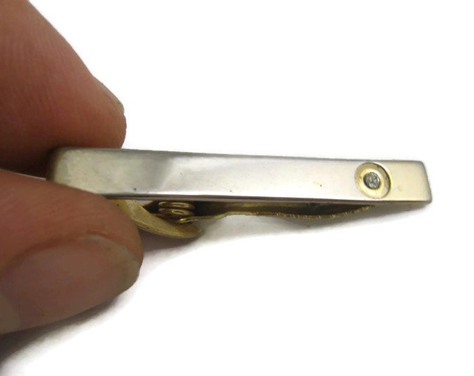 Vintage Tie Bar Clip: Clear Jewel in Gold Tone Circle Silver Tone Body
