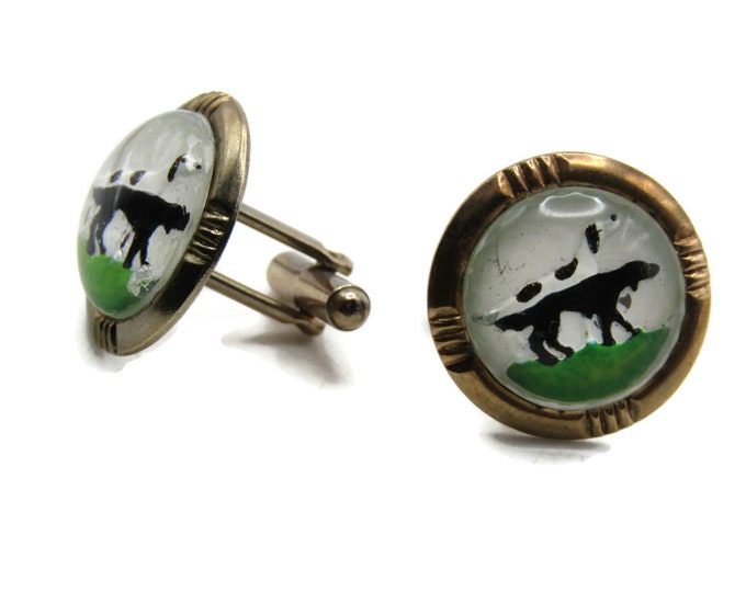 Hunting Dogs Round Stone Inlay Cuff Links Men's Jewelry Gold Tone