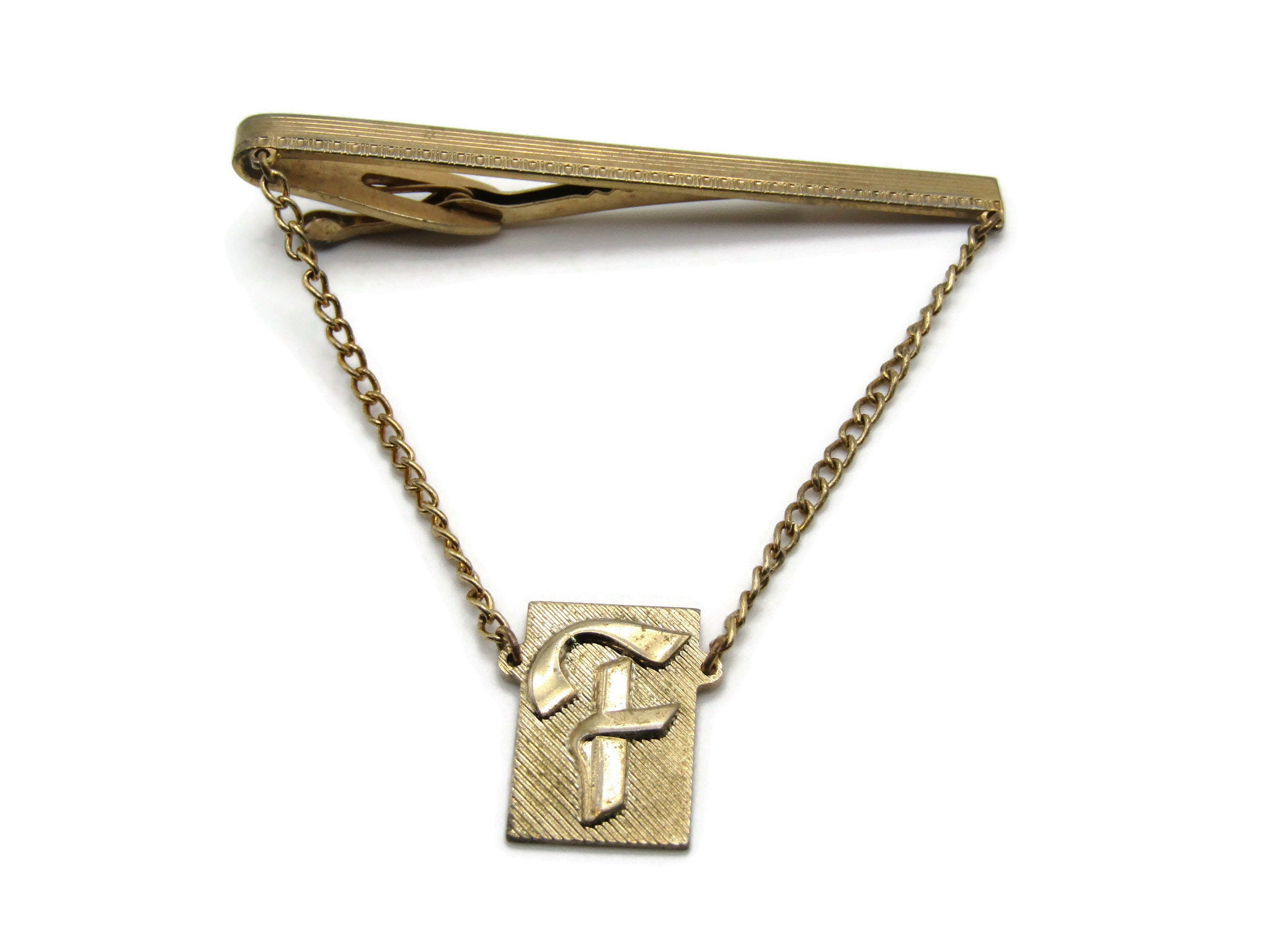 F Initial Letter Monogram Charm Tie Chain Gold Tone Textured Tie Bar Tie  Clip Men's Jewelry