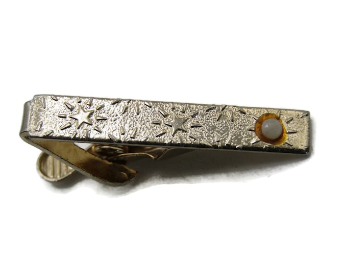White Stone Star Texture Tie Clip Tie Bar Men's Jewelry Gold Tone