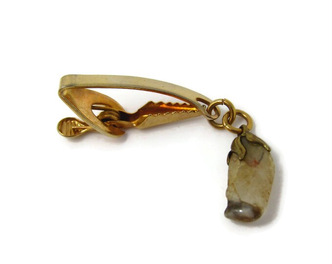 Stone Men's Tie Clip Vintage Hanging Design Gold Tone Curved Design