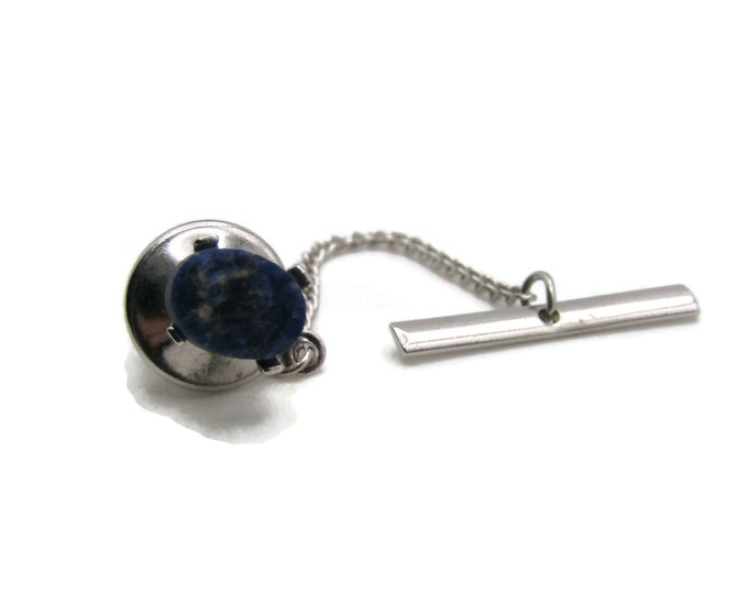 Dark Blue Oval Stone Inlay Tie Pin And Chain Men's Jewelry Silver Tone