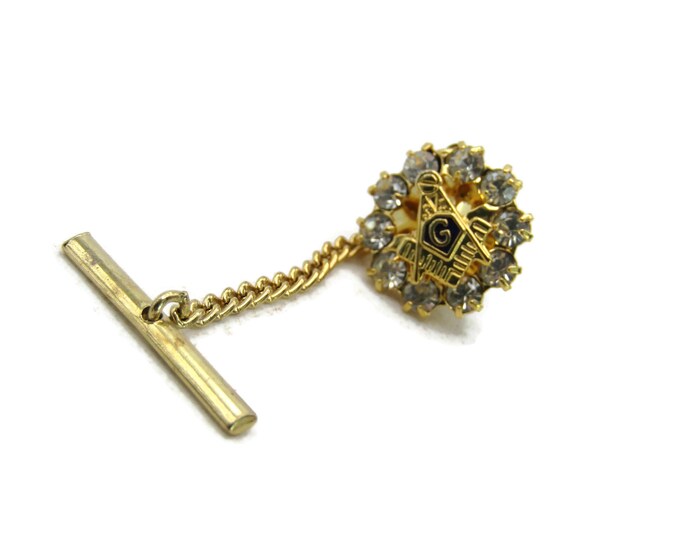 Masonic G Tie Lapel Pin & Chain Rhinestone Inlay Gold Tone Men's Jewelry