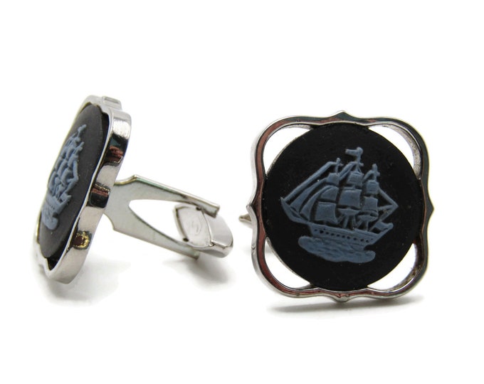 Blue Ship Black Stone Open Design Cuff Links Men's Jewelry Silver Tone