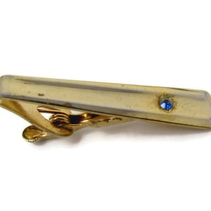 Blue Jewel Art Deco Tie Clip Vintage Tie Bar: Gold Tone