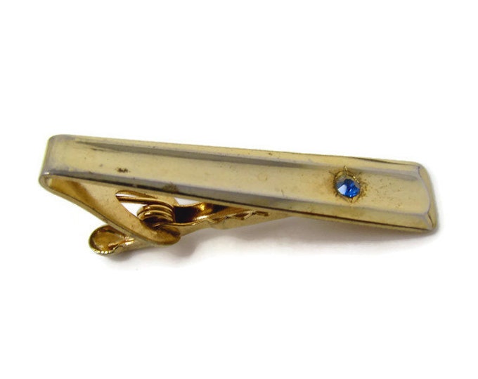 Blue Jewel Art Deco Tie Clip Vintage Tie Bar: Gold Tone