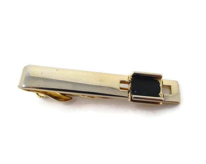 Vintage Tie Clip Tie Bar: Black Accent Modernist Gold Tone