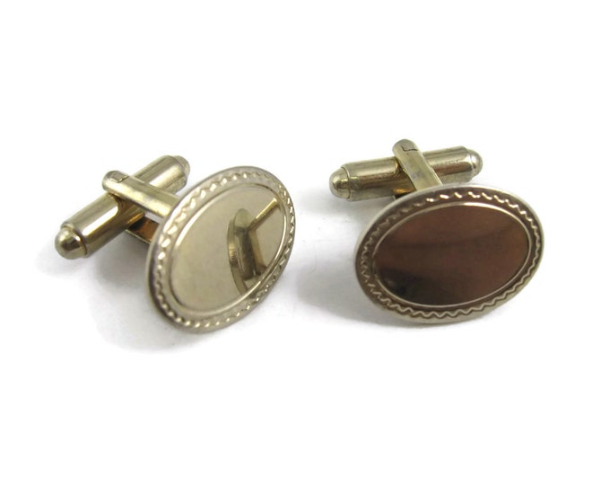 Vintage Cufflinks for Men: Fancy Zig Zag Border Oval Silver Tone