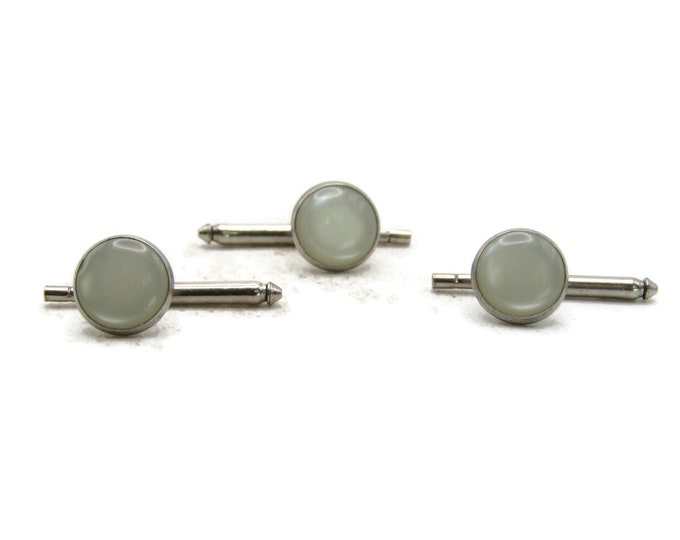 Round White Stone Inlay Cuff Link Pin Set of 3 Silver Tone Men's Jewelry