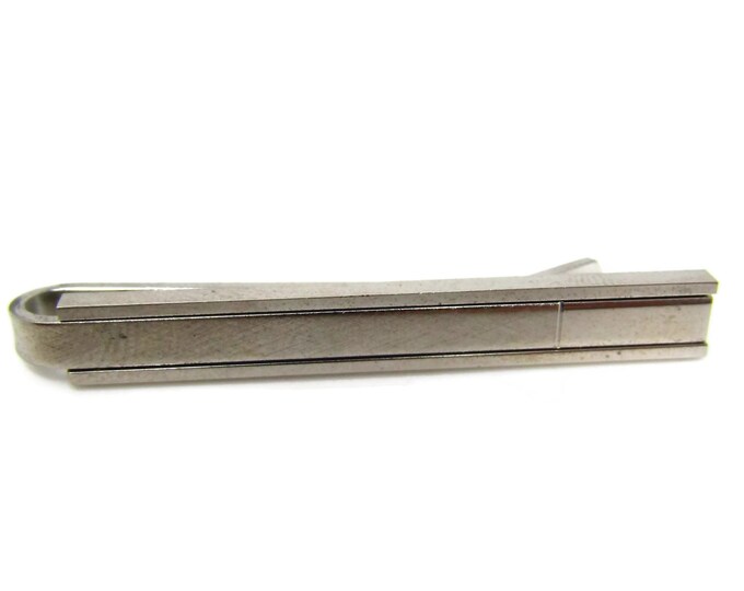 Vintage Tie Clip Tie Bar: Grooved Modernist Sleek & Unique Design Silver Tone