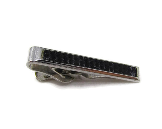 Vintage Tie Bar Tie Clip: Black Leather Insert Silver Tone Body