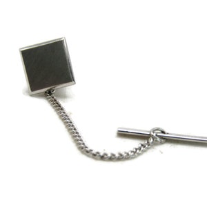 Brushed Finish Square Tie Lapel Pin & Chain Silver Tone Men&#39;s Jewelry