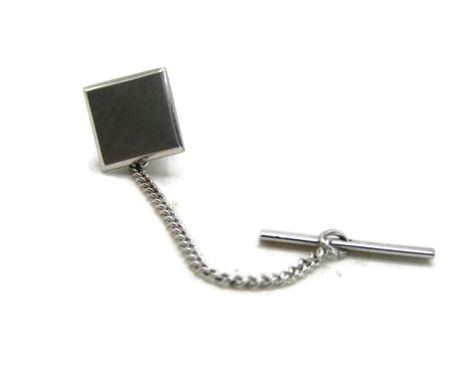 Brushed Finish Square Tie Lapel Pin & Chain Silver Tone Men's Jewelry