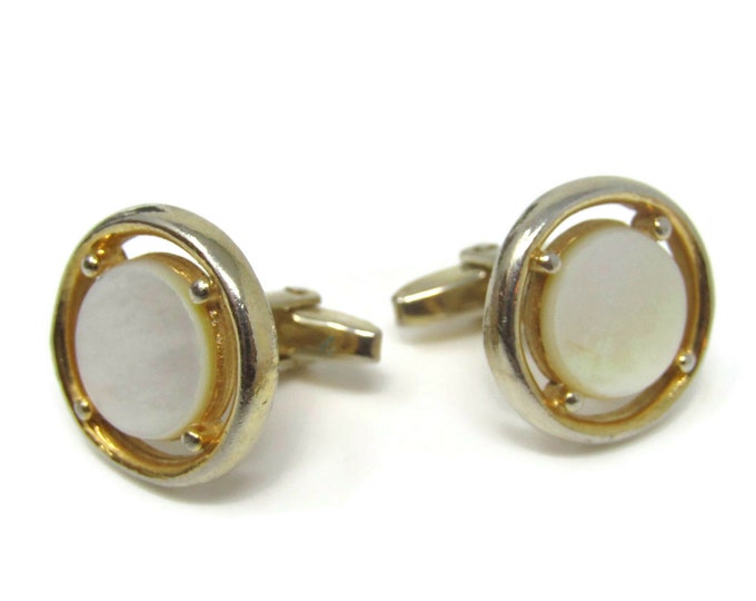 Mother of Pearl Open Circle Cufflinks Gold Tone Vintage Men's Jewelry Beautiful Design
