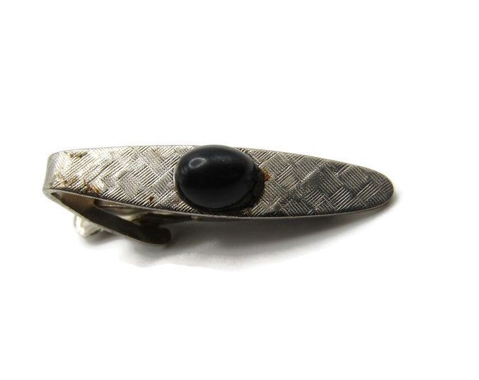 Black Stone Center Textured Front Silver Tone Tie Bar Tie Clip Modernist Men's Jewelry