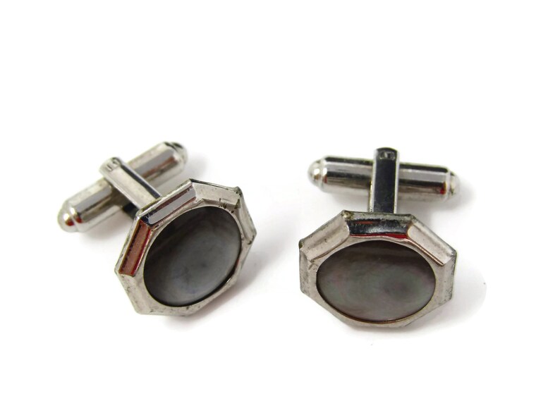 Vintage Cufflinks for Men Dark Mother of Pearl Octagon Silver Tone Made in USA